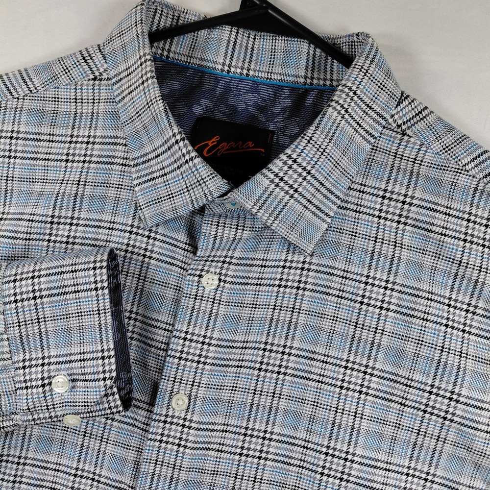 Egara Mens 2XLT Slim Fit Stretch Houndstooth Plaid Button Down Shirt Blue